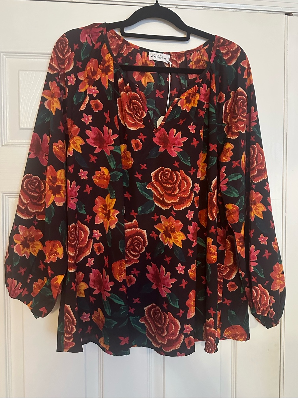 Black Floral Peasant Blouse with Red & Orange Roses